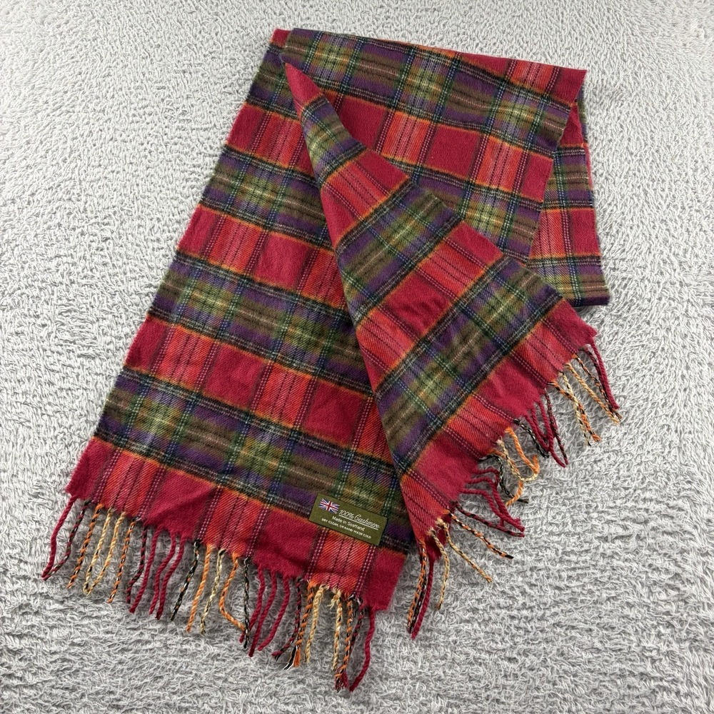 100% Cashmere Scarf Plaid Colorful Made in Scotland Red